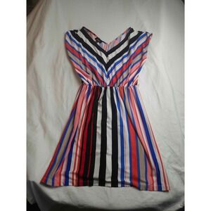 B-Wear Byer California Dress Womens Medium Multicolor Striped Fit & Flare V-Neck